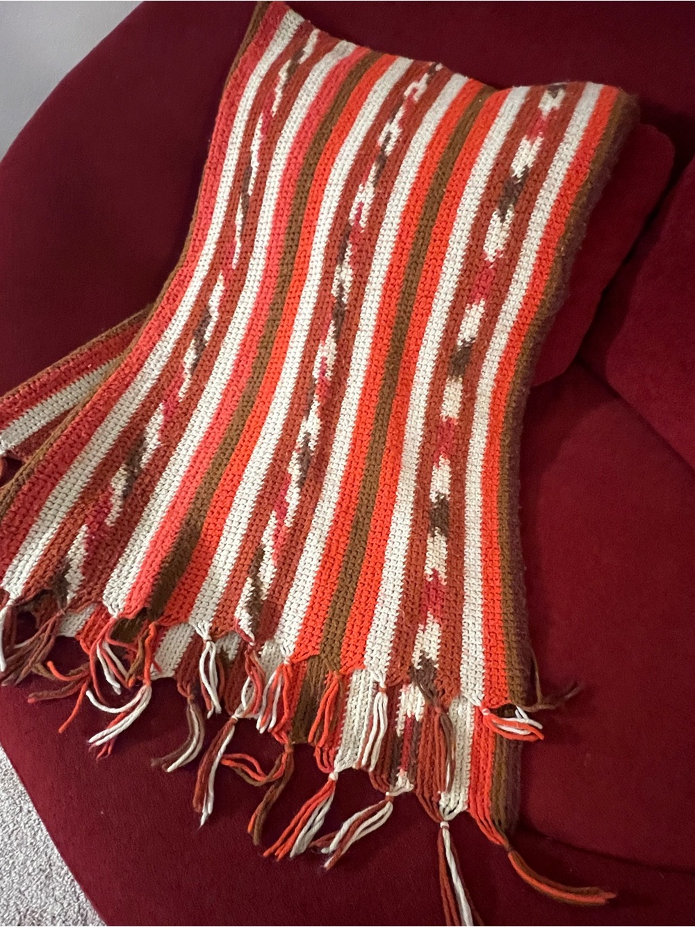 Vintage Handmade Crochet Throw Orange Brown Cream Striped Fringe Boho Retro
